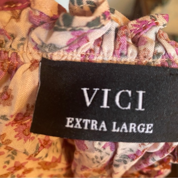 VICI • Boho Floral Tassel Tie Peasant Blouse Pink Burgundy Print • Size XL - Picture 7 of 9